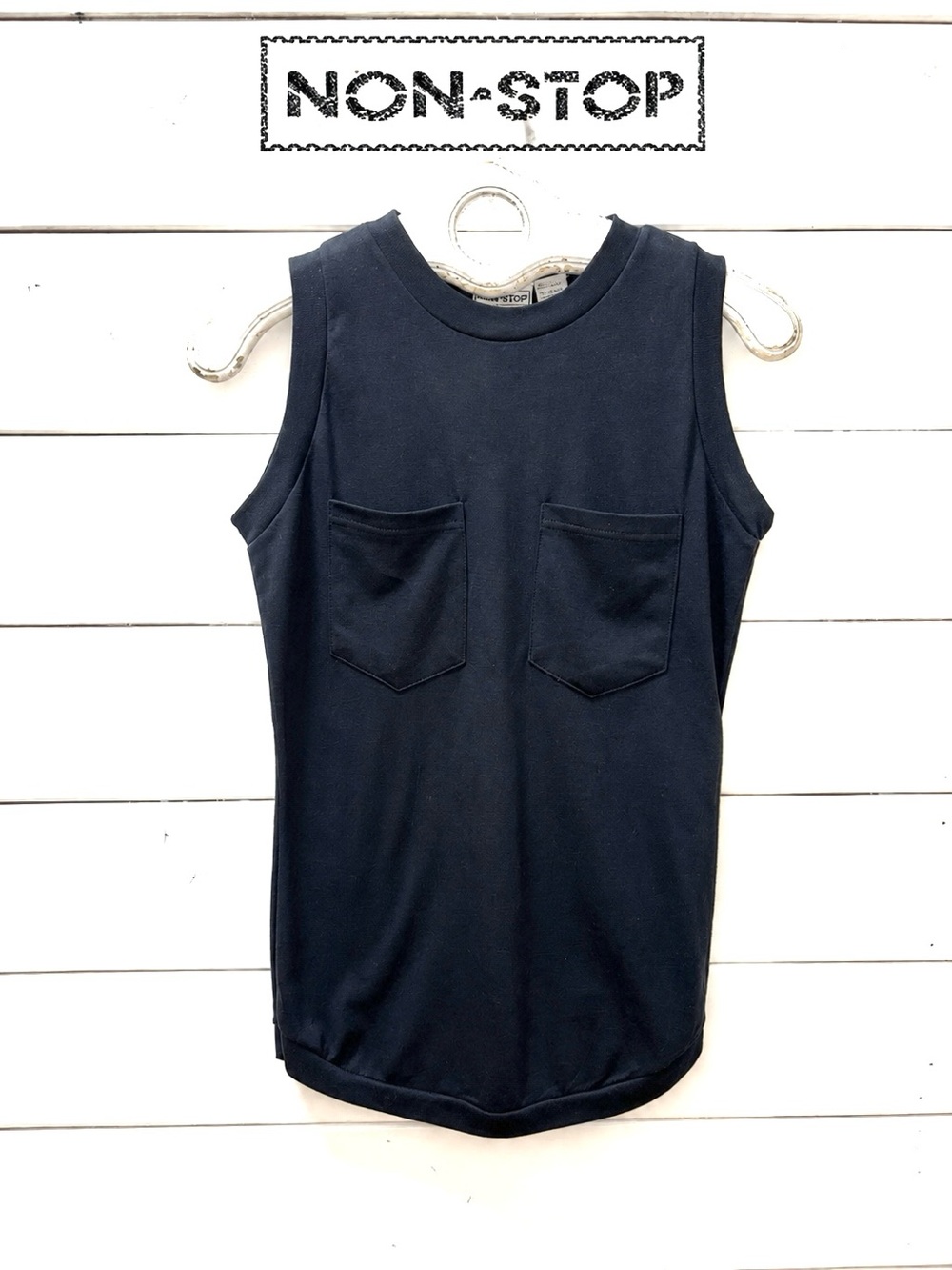 Vintage Non Stop Black Sleeveless Knit Tank Top with Patch Pockets – Size M